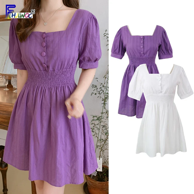 

A Line Dresses Summer Woman Holiday Date Cute Sweet Korean Japan Preppy Style Girl Design Button Shirt Dress Purple White