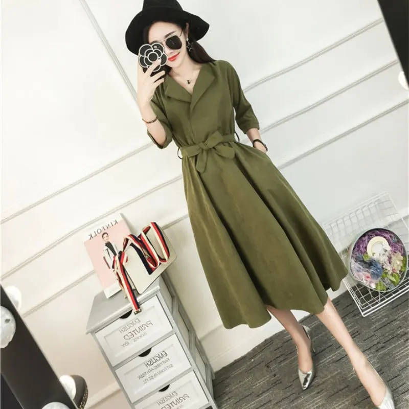 Корейское модное голубое зеленое платье с рукавом до локтя, повседневные платья с поясом для женщин, осень, замшевые миди платья для женщин - Цвет: Армейский зеленый