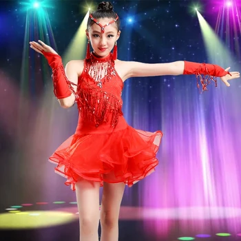 

Kids Sequins Stage Tassels Competition Latin Dance Dress Girls Gymnastics Practice Party Dancing Dress Stage Dancewear costumes