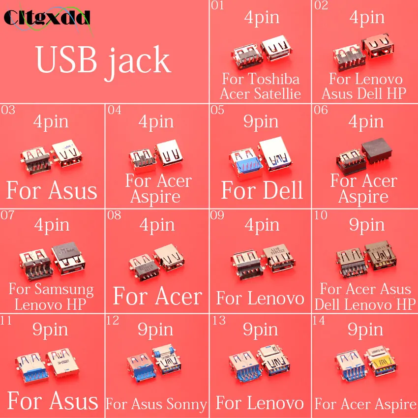 4-контактный и 9-контактный разъем USB cltgxdd для Acer Asus Aspire Dell Lenovo Samsung Toshiba Satellie Sonny |