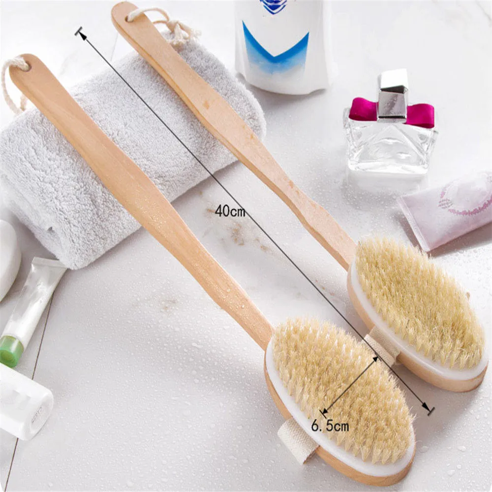 

Convenient Wooden Natural Body Brush Boar Bristles Exfoliating Body Massager with Long wooden Handle Dry Brushing and Shower