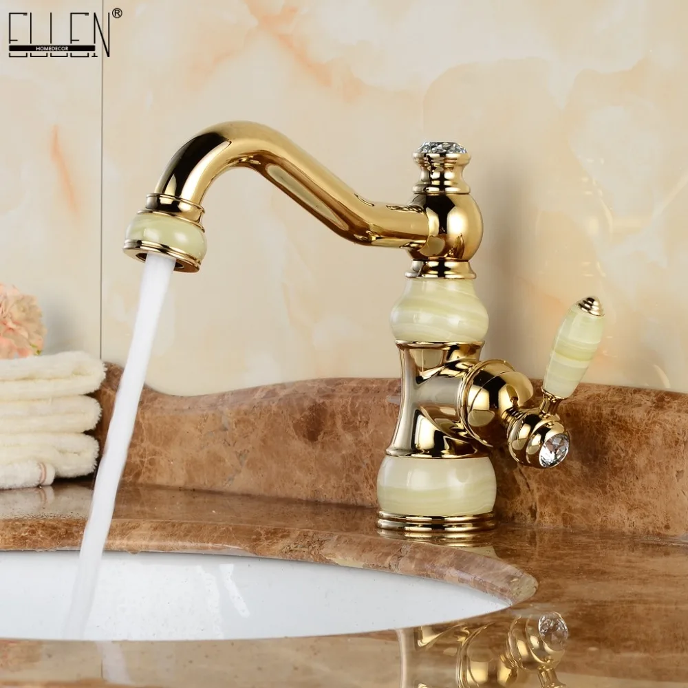 Gold Basin Faucets Brass Torneira Cozinha Jade Body with Marble Basin