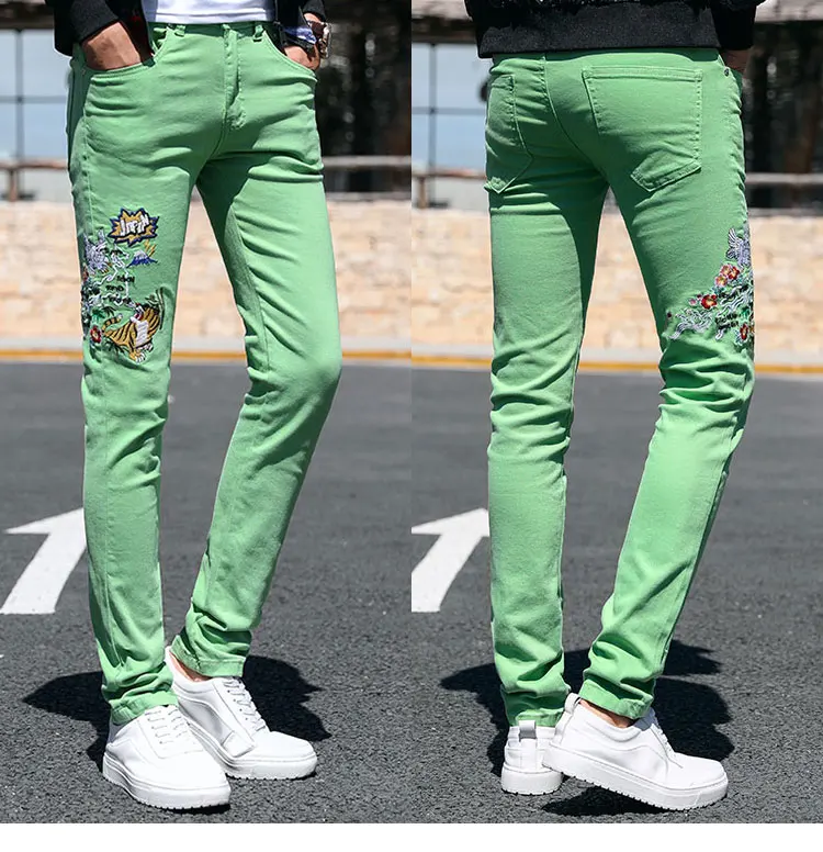 Fashion Streetwear Mens Jeans Slim Fit Elastic Punk Pants Hip Hop Jeans Embroidery Denim Trousers Men Pink Yellow Green Color