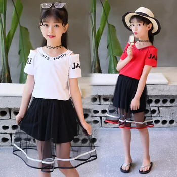 

Child Clothes Summer 2019 Girls Clothing Set Boutique Outfits Toddler Children Off Should T-shirt + Mesh Skirt 3 to 13 Years