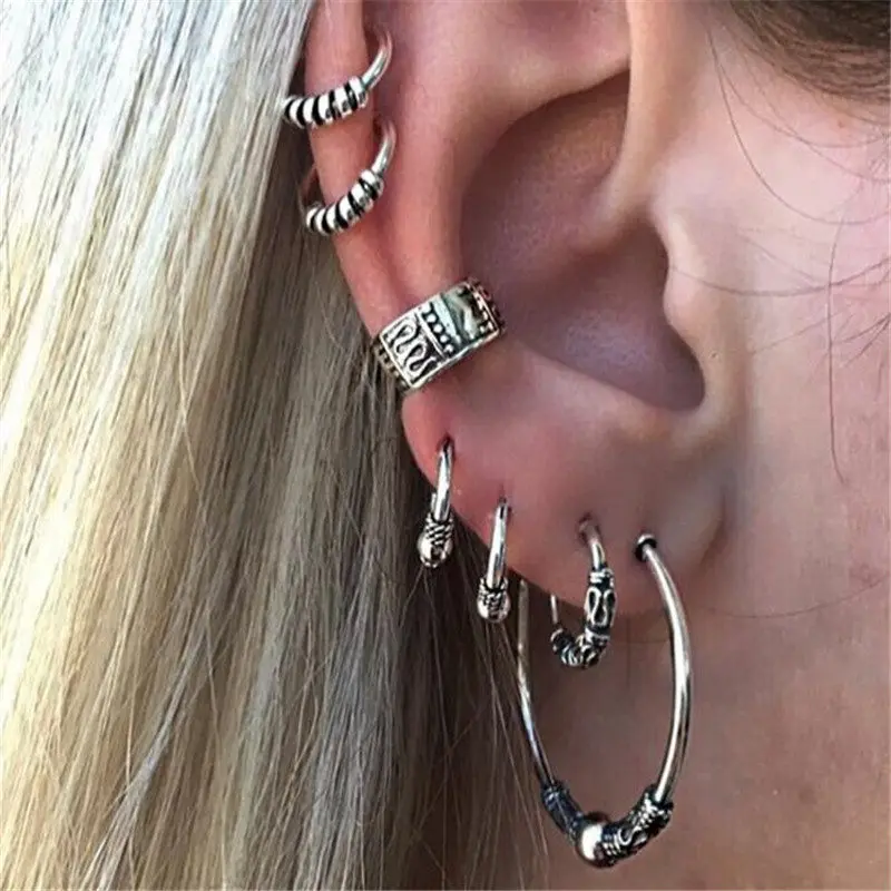 

Punk Metal Circle Water Drop Chain Earrings Sets Vintage Silver Color Tassel Ear Clip Set for Women Brincos Jewelry