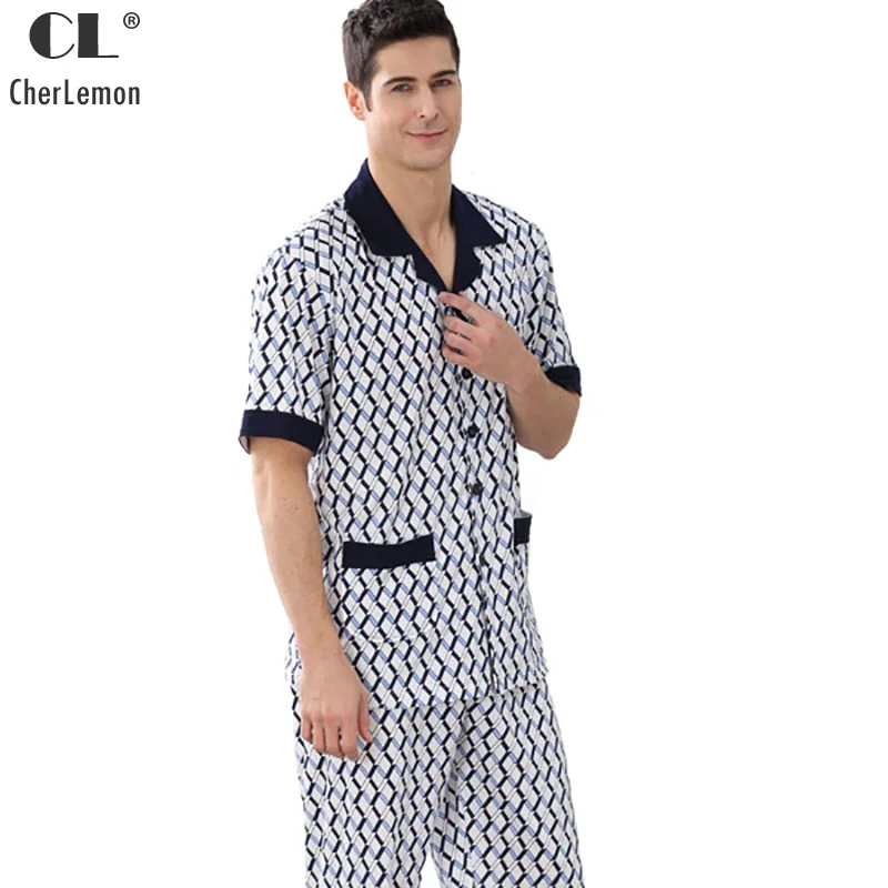 CherLemon New Mens Summer Knitted Cotton Pajama Sets Male Short Sleeve Geometric Pattern Casual