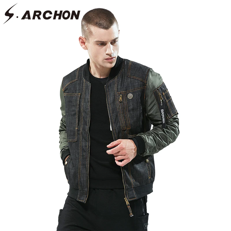 

S.ARCHON Spring Autumn Military Tactical Denim Jackets Men Stand Collar Patchwork Streetwear Baseball Jacket Casual Fashion Coat