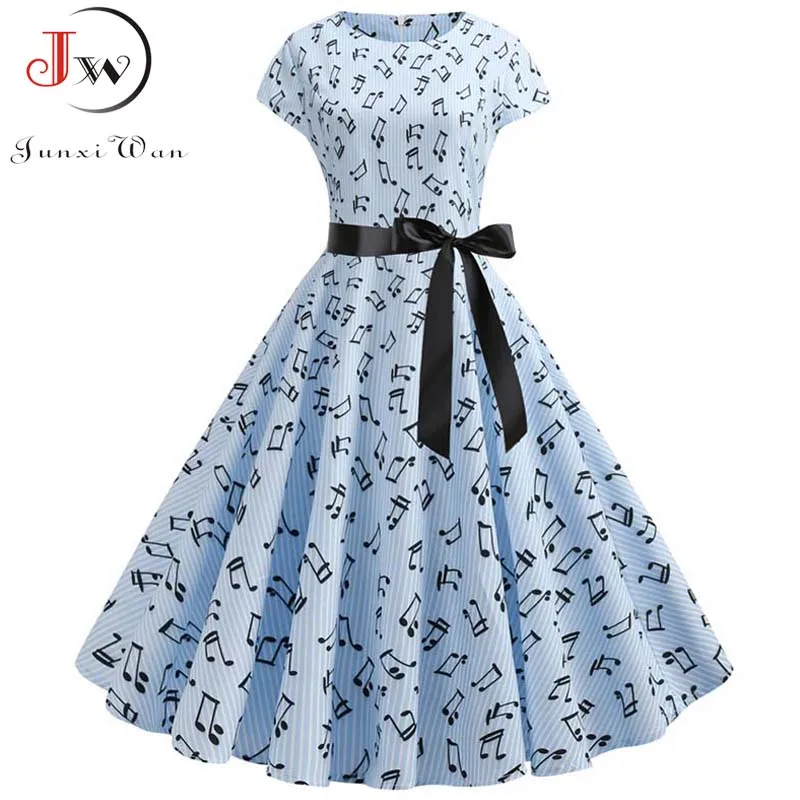 

Women Summer Dress 2019 Note Print Retro Vintage 50s 60s Casual Party Office Robe Rockabilly Dresses Plus Size Midi Vestidos