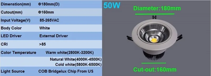 Светодиодные светильники Downlight 7W 10W 12W 15W 20W 30W 40W 50W Round Встраиваемые потолочные светильники с регулируемым потолочным светильником для кухни Освещение для кухни