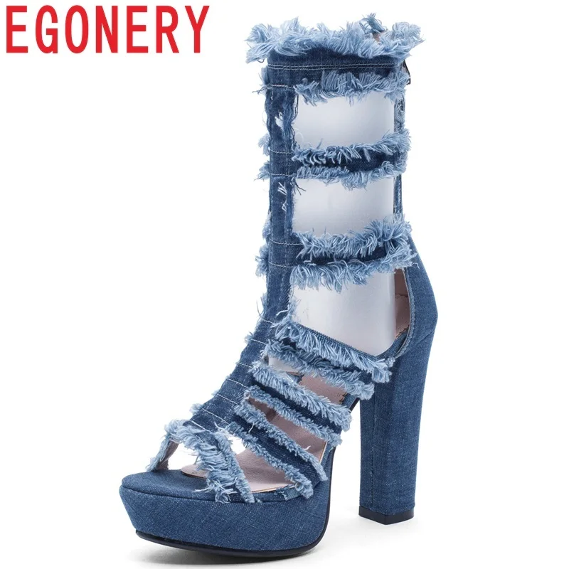 

EGONERY shoes woman summer new fashion sexy denim rome style woman sandals outside super high spike heels platform zip shoes