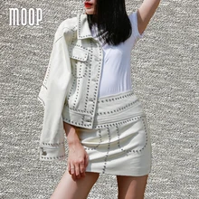 White genuine leather jackets sheepskin lamb leather stud motorcycle biker jacket coat chaqueta mujer jaqueta de