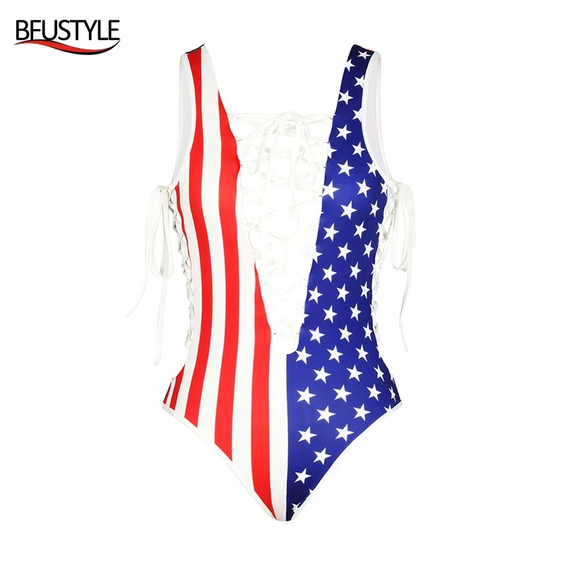 

BFUSTYLE 2017 Sexy Women Independence Day Bath Suit USA American Flag Monokini Bandage One-piece Swimsuit Deep V-neck Swimwear