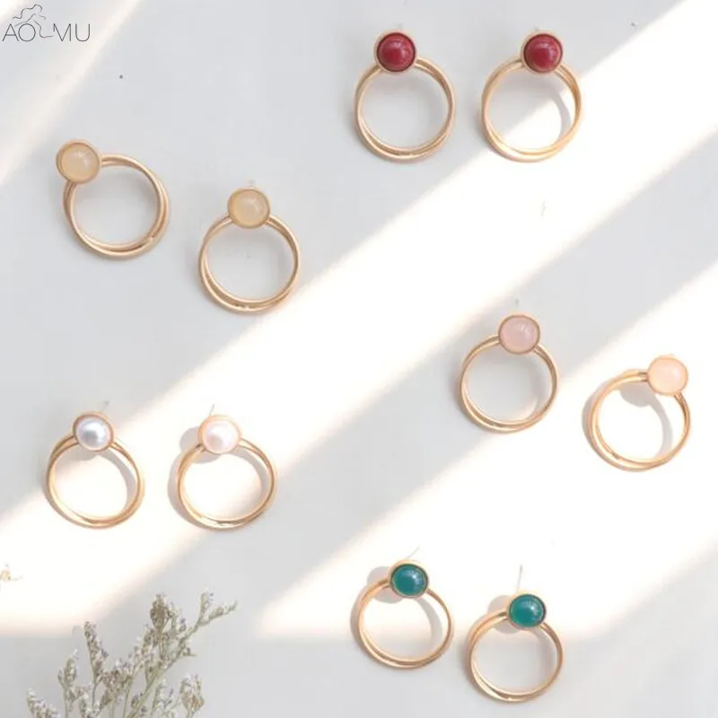 

AOMU 2018 Vintage Design S925 Silver Pin Gold Matte Metal Plated Round Resin Pearl Stud Earrings for Women Girl Party Gift