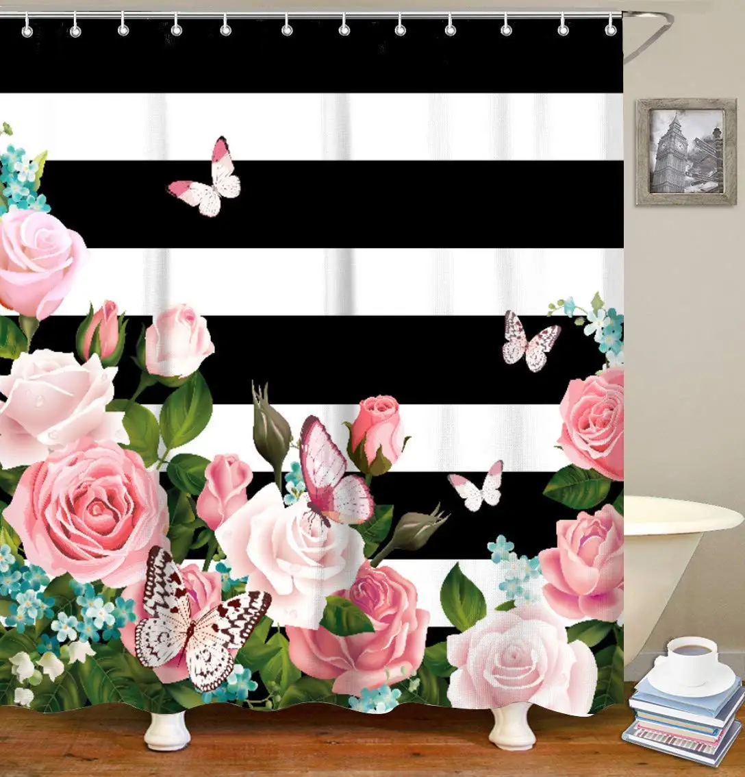 

Black White Stripes Shower Curtain Set with 12 Hooks Fabric Bath Curtains Pink Flowers Decorative Thick Bathroom Curtain