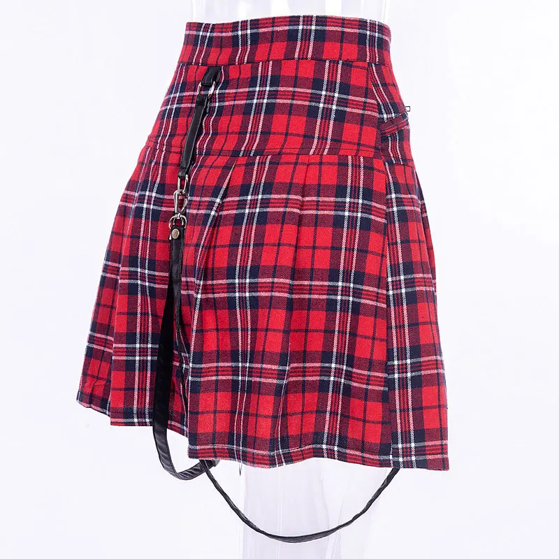 Красная клетчатая юбка в стиле Харадзюку, панк-рок, готика, женская летняя плиссированная мини-юбка с высокой талией на молнии для девочек