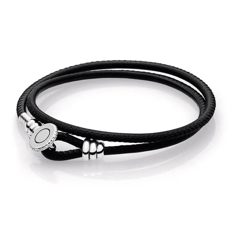 

925 Sterling Silver Black Double Leather Bracelet for Women Clear CZ Signature Clasp fit Lady Beads Charms Pendant