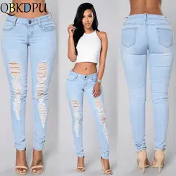 Повседневные обтягивающие облегающие джинсы-стрейч женские рваные длинные джинсы женские с высокой талией узкие синие джинсовые брюки 2019
