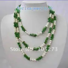 Классический длинный 60 ''7 мм круглый белый пресноводный жемчуг зеленый коралл ожерелье Модные ювелирные изделия Новинка FN798