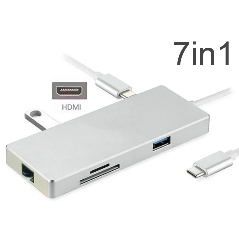 

7in1 USB C HUB with PD Power Charging 4K HDMI Video SD TF Card Reader Gigabit Ethernet Adapter USB 3.0 HUB Combo for Macbook pro