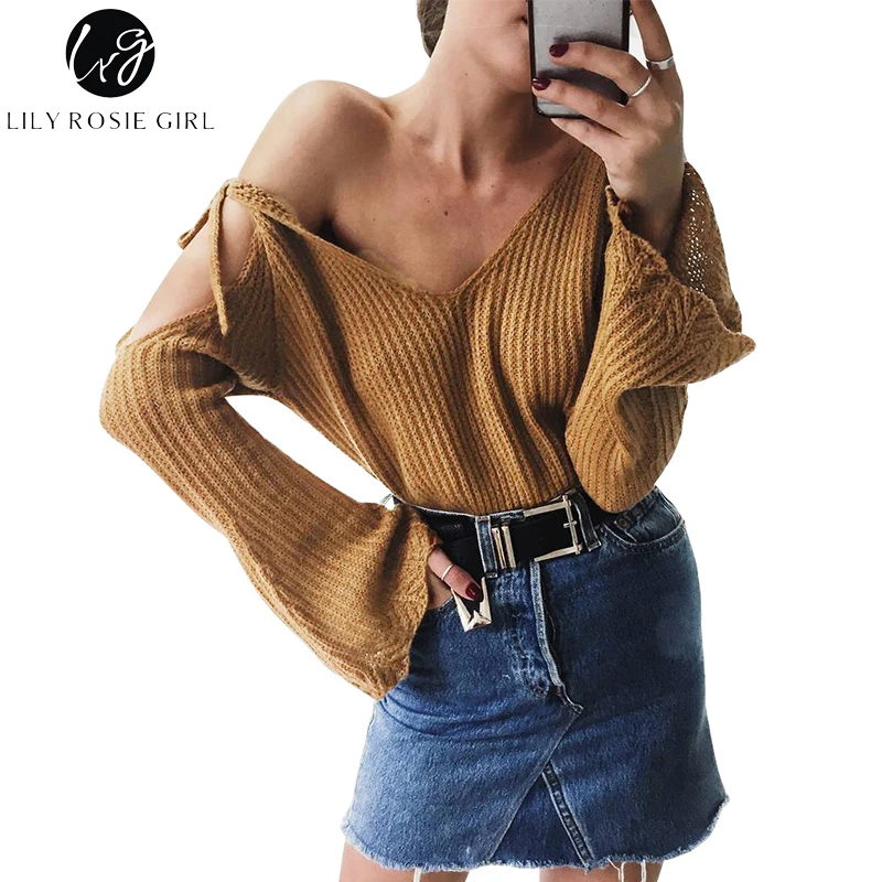 

Lily Rosie Girl Casual Sexy Cut out Cold Shoulder Sweaters Women V-neck Flare Sleeve Knitted Femme Pullover Lace Up Jumpers 2018