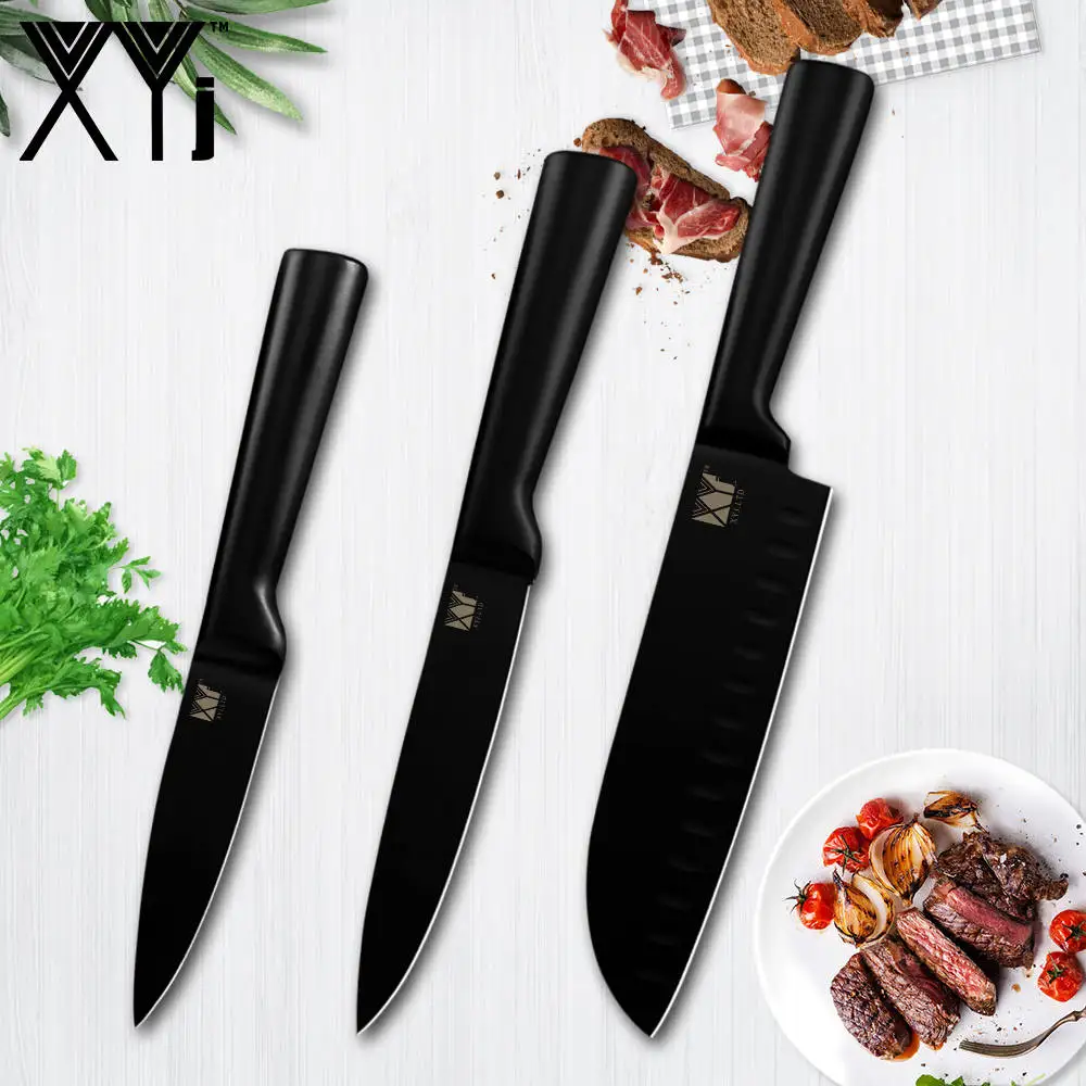 XYj абсолютно 6 шт. набор кухонных ножей из нержавеющей стали цельный черный Прочный острый кухонный нож набор для мяса рыбы овощей фруктов - Цвет: 3 Pcs Knives Set B