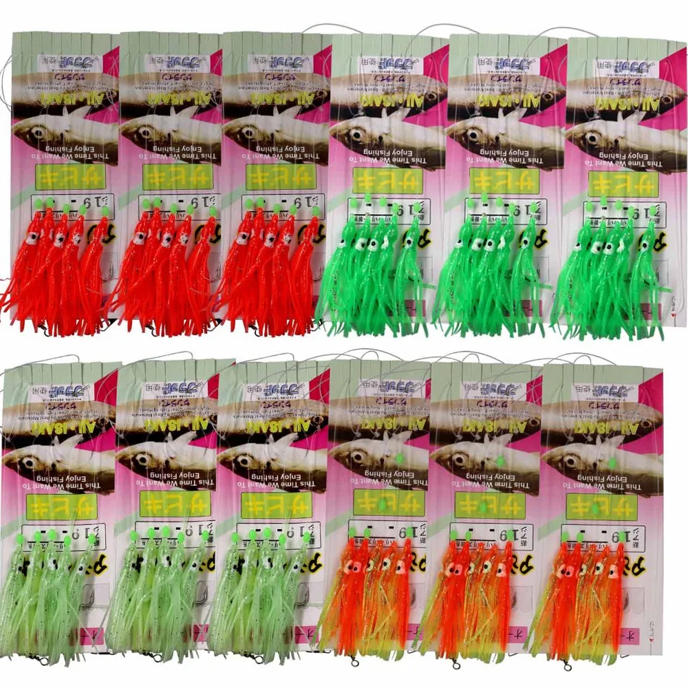 Buy 12 Packs 13 20 Glow Soft Lure Hoochie Rigs Red Green Glow Squid Octopus