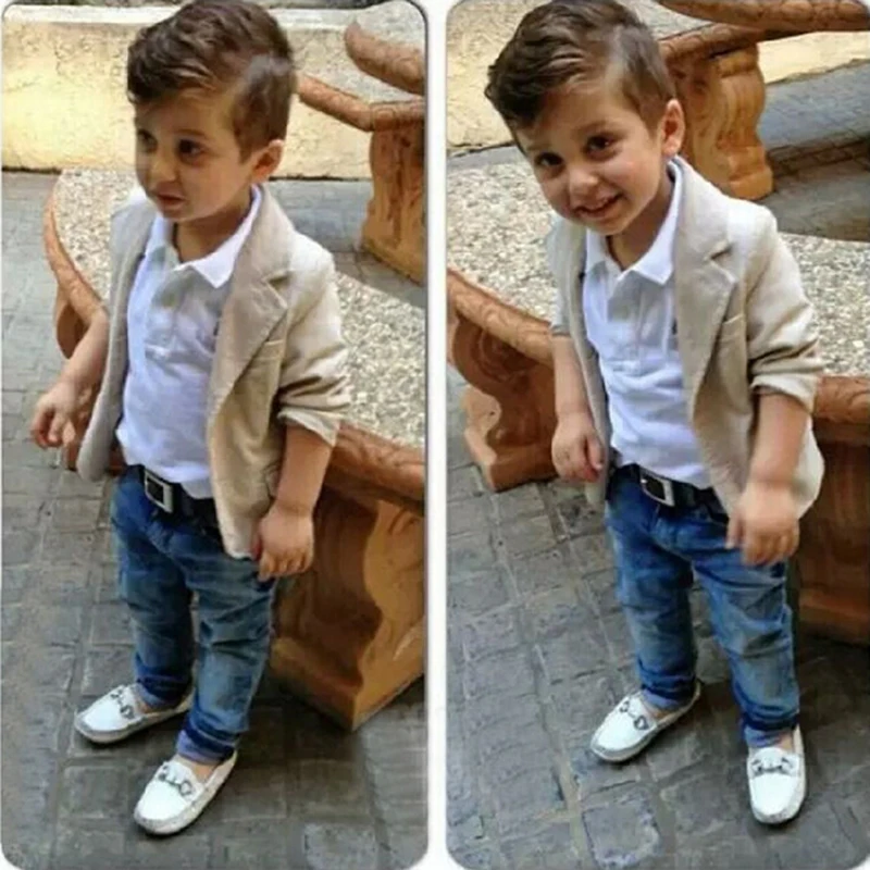 3PCS fall Children Gentleman suits coat+white Long Sleeve T-shirt+jeans clothing set for 3 4 5 6 7 8 years kid boys outfits