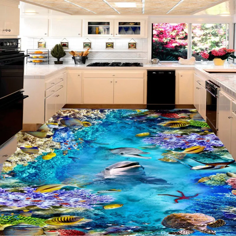 

Free shipping Sea World Dolphin Turtle 3D stereo living room kitchen non-slip waterproof high quality floor wallpaper mural