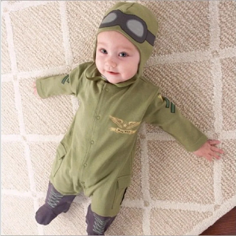Airman Baby Rompers + Cap Boys Clothes Newborn Jumpsuits Infant