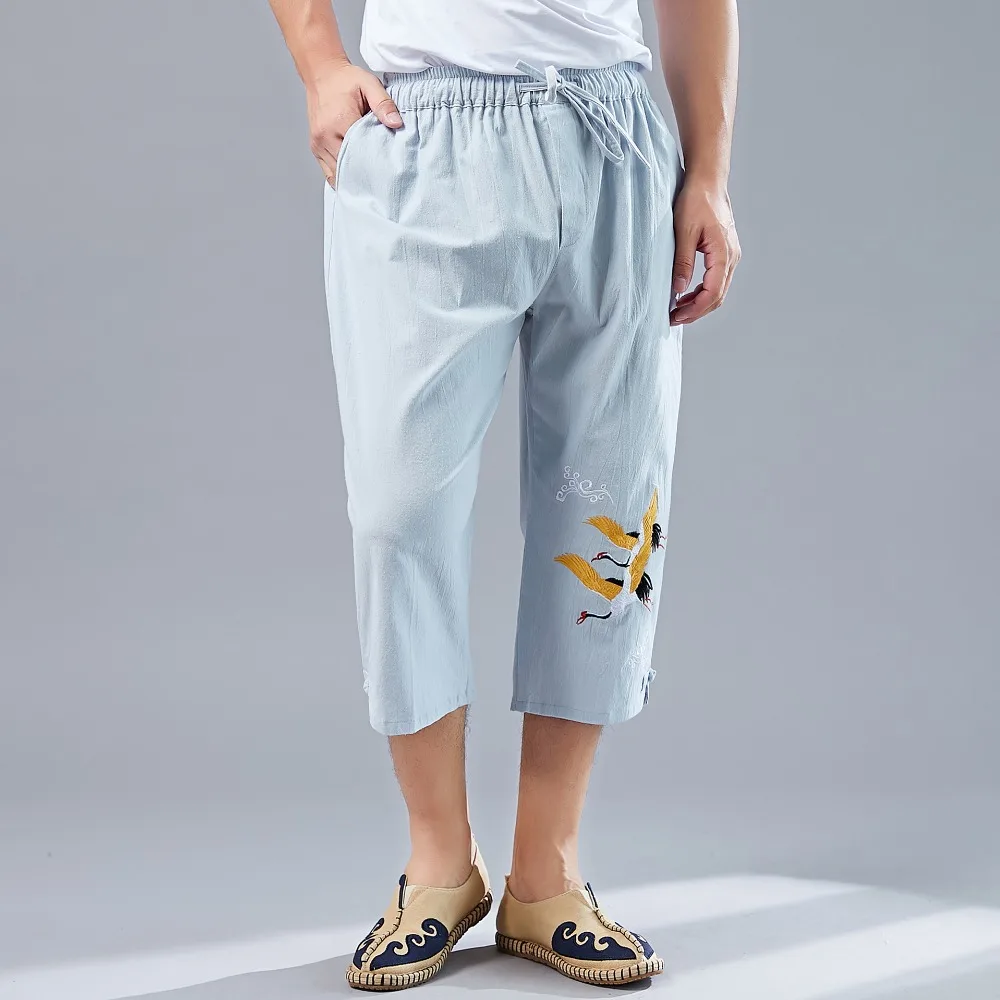 LZJN Men’s Summer 34 Pants Casual Cotton Linen Elastic Waistband Wide Leg Capri Short Bermuda Embroidery Beach Playa Hombre (33)