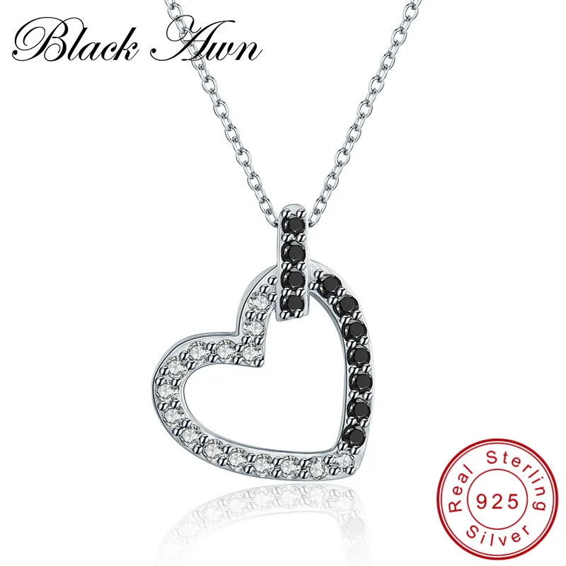

[BLACK AWN] Vintage 925 Sterling Silver Jewelry Necklace for Women Black Spinel Heart Necklaces Pendants P184