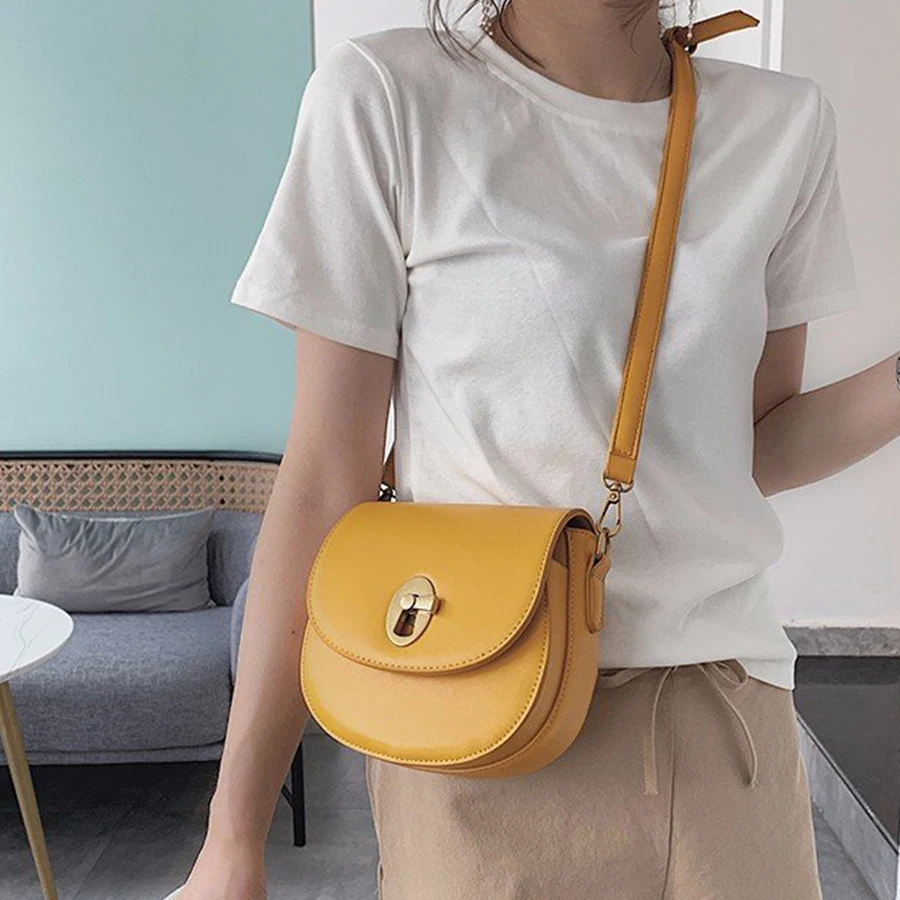 

High Quality Pu Leather Saddle Bag For Ladies Retro Metal Buckle Shoulder Bag Female Simple Solid Color Crossbodybag Summer New