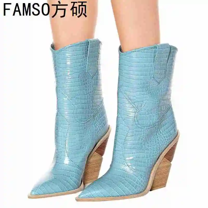 

FAMSO 2019 Shoes Heels Women Boots Large Size 34-43 Pointed Toe Black Brown Pointed Toe Hoof Heels Winter Genuine Leather Boots