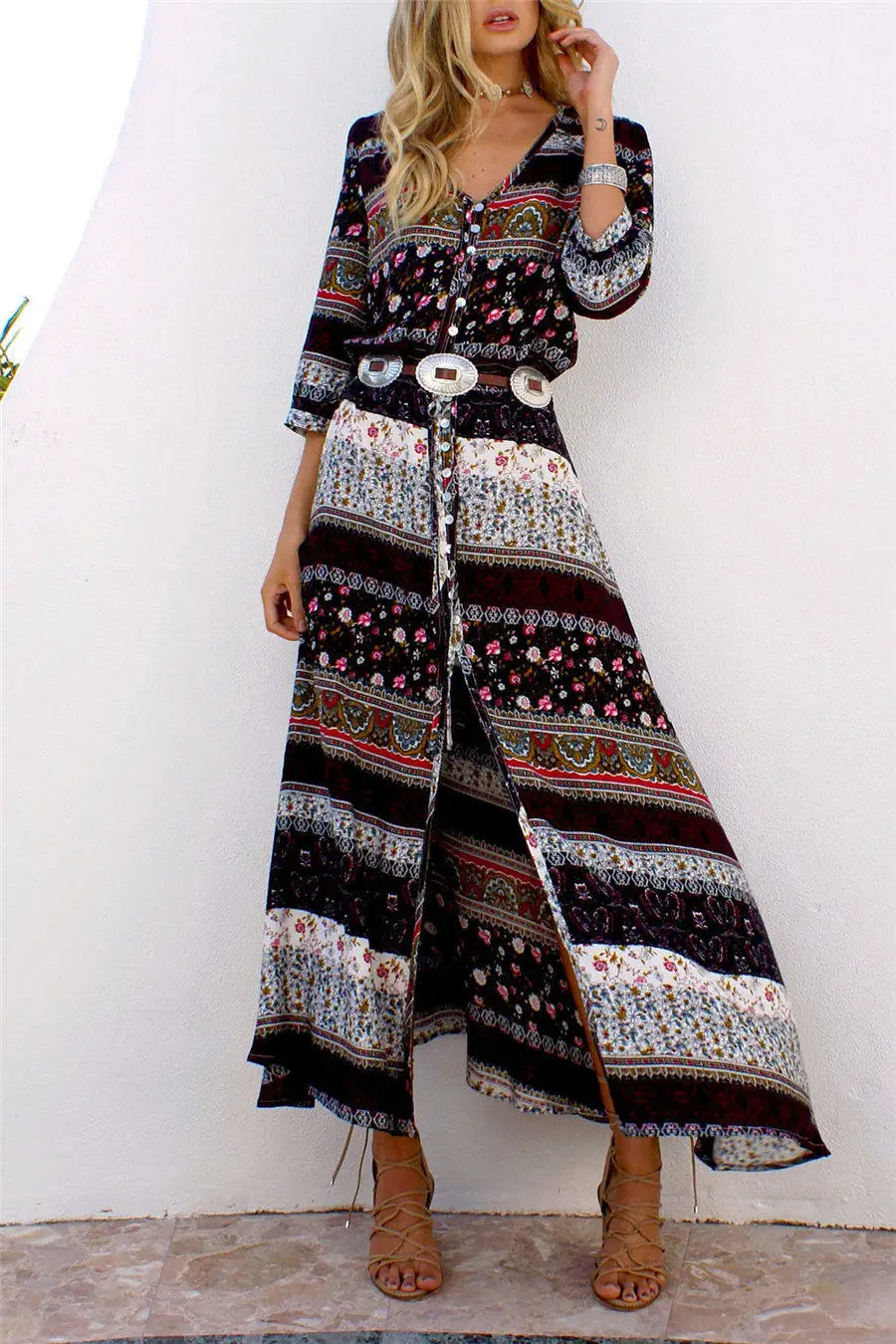 Gladiolus Boho Long Summer Dress Women Half Sleeve V Neck Button Print Floral Women Beach Dress 2019 Ladies Sexy Maxi Dresses (56)