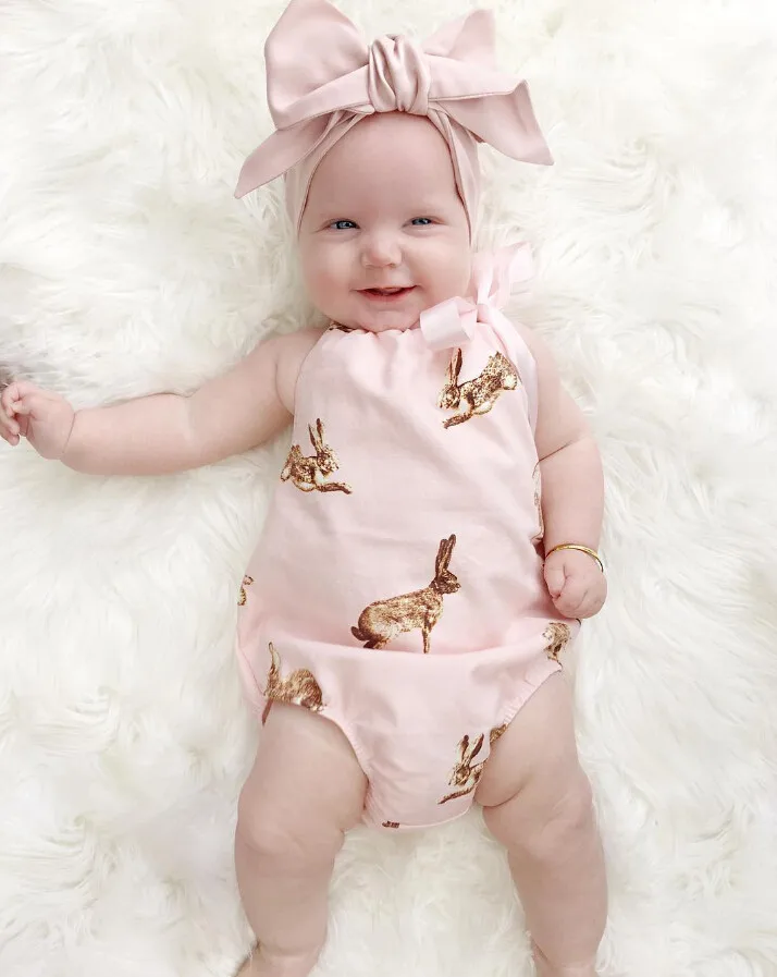 Костюм из 2 предметов! Одежда для новорожденных маленьких девочек Комбинезон с кроликом+ повязка на голову розовый наряд с изображением кролика от 0 до 18 месяцев