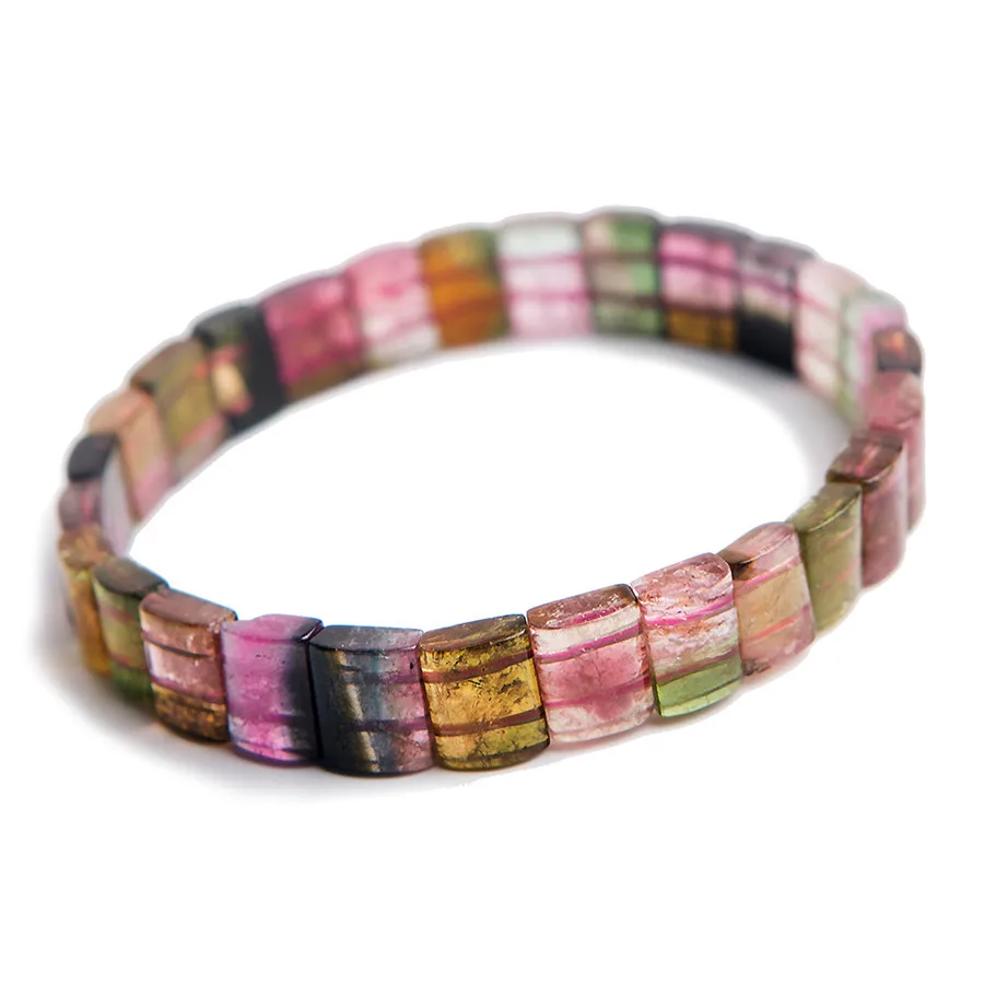 

Wholesale 100% Genuine Colorful Natural Tourmaline Bracelet Woman Lady Stretch Healing Crystal Rectangle Beads Bangle AAAAA
