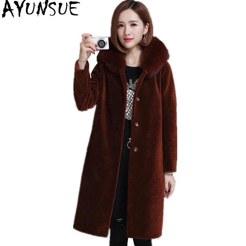 

AYUNSUE 2019 Winter Jacket Women Real Sheep Shearing Fur Coat Female Long Warm Jackets Fox Fur Hooded Plus Size 5XL 6XL OT1726