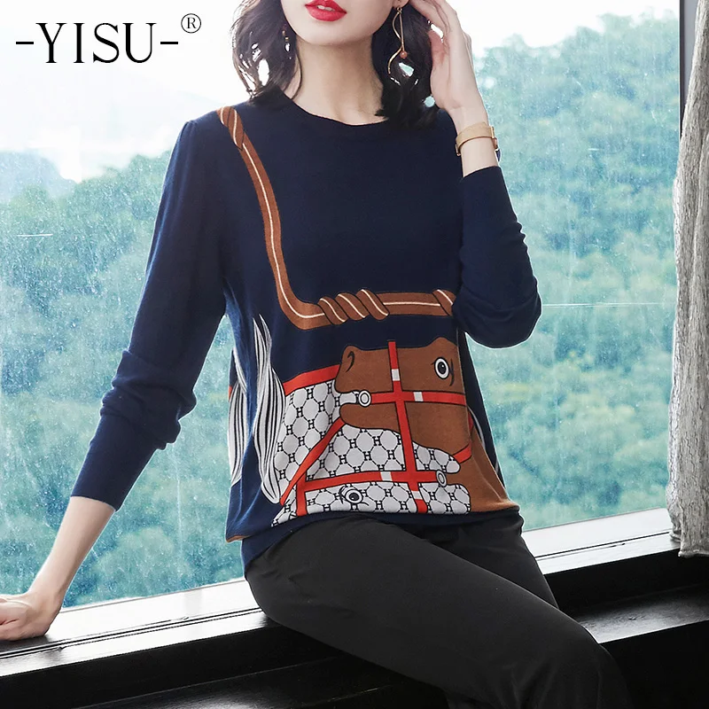 

YISU Spring women Sweater New Fashion autumn women pullover Printed sweater Round neck long-sleeve soft Comfortable sweater