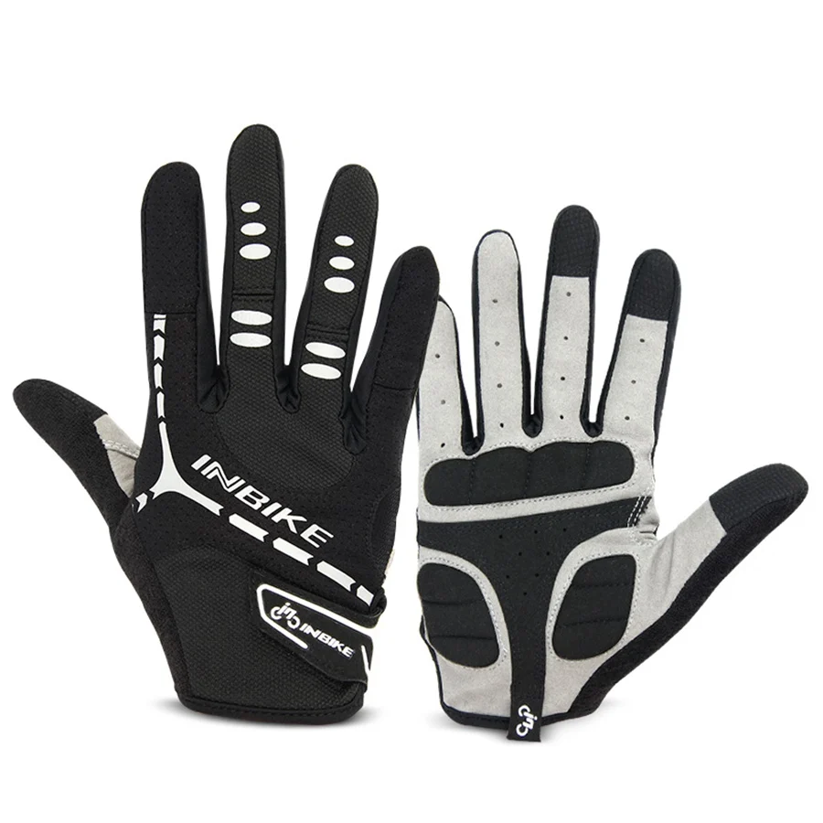 INBIKE перчатки для велоспорта с сенсорным экраном велосипедные спортивные противоударные перчатки для мужчин и женщин MTB дорожный велосипедный ветрозащитный полный палец перчатки для телефона - Цвет: Черный