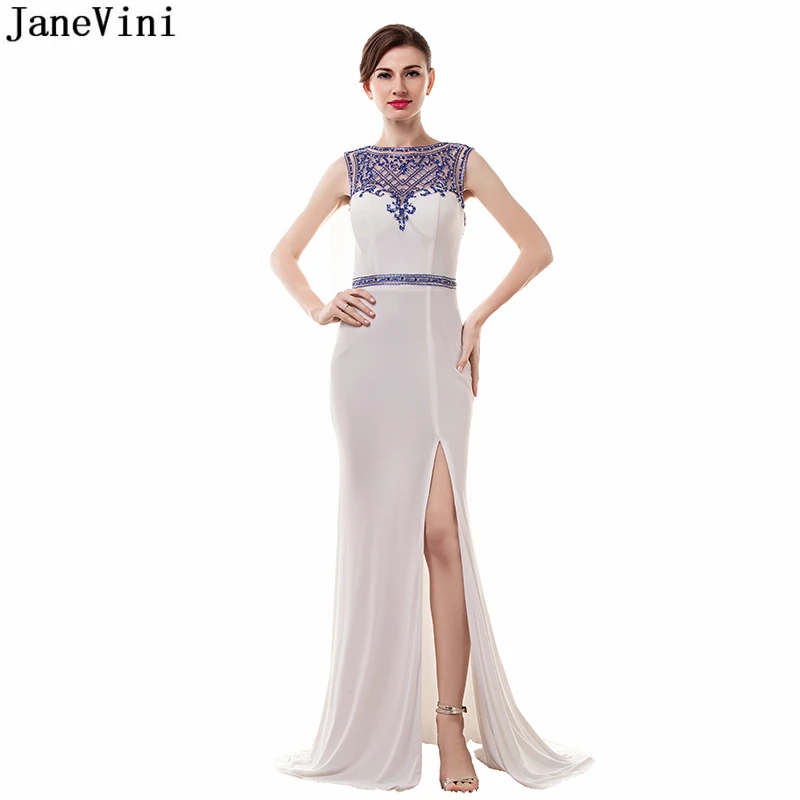 - JaneVini Vintage Dubai Mermaid Mother of The Bride Dresses Luxury Evening Dress O Neck Heavy Beading White Sexy Evening Gowns
