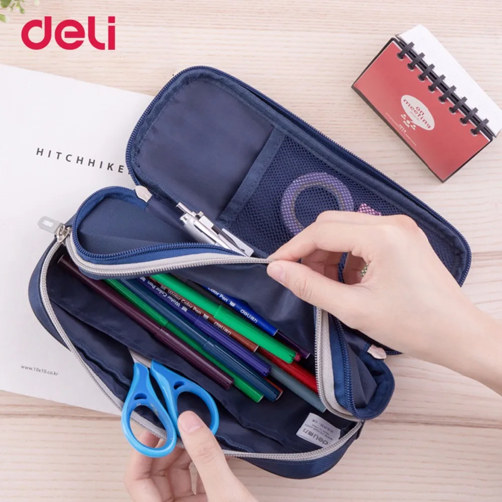 Deli kawaii large space canvas pencil case for school child office organizer stationery supply durable pen bag pouch with zipper Deli kawaii large space canvas pencil case for school child office organizer stationery supply durable pen bag pouch with zipper
