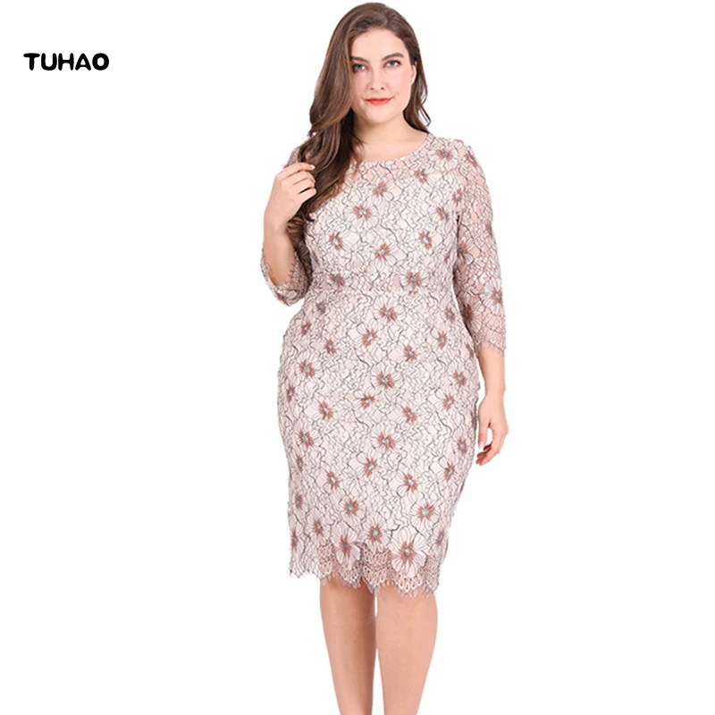 

TUHAO 2018 Autumn Winter Sweet Elegant Women's Dresses Plus Size 6XL 5XL Office Lady Lace Hollow Out Pencil Dress Female SJ04