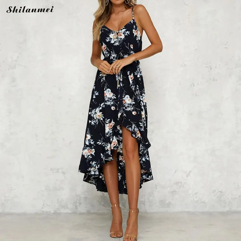 

Hot Lady Slip Dress Sexy Deep V-Neck Floral Dress Backless Bohemian Beach Irregular Sundress Short Front Long Back Off Shoulder