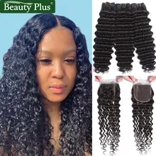 Onda Profunda brasileira Pacotes Com Fecho de Beleza Mais Apertado Encaracolado Pode Ser Tingido Onda Profunda Do Cabelo Humano de Remy 3 Pacotes com Fecho(China)