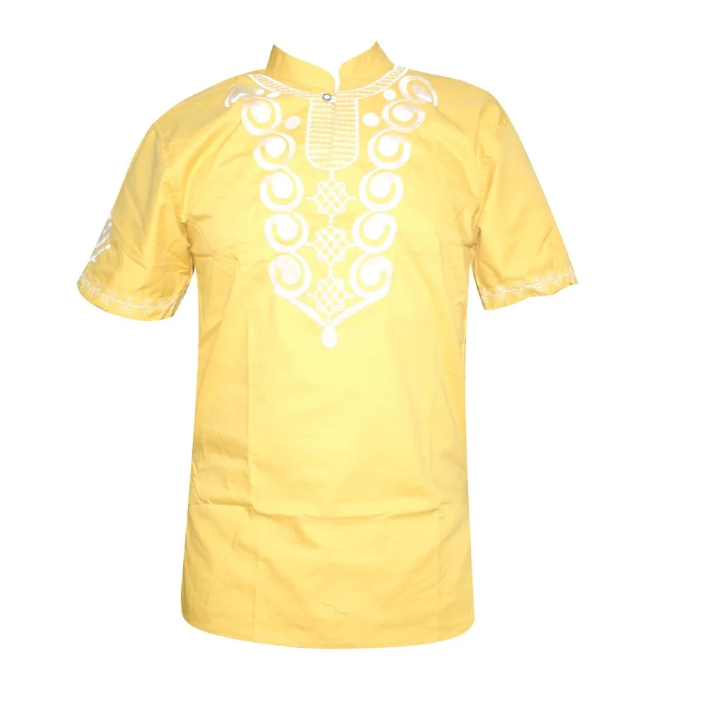 

Yellow Africa Embroidery Men`s Dashiki Tops Summer Ethnic Shirts for Wedding
