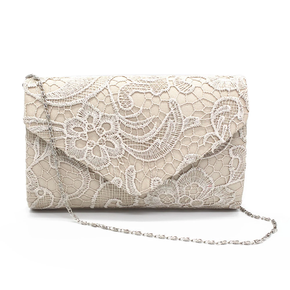 KEENICI Hollow Lace Clutch Bag New Lace Satin Evening Bags High-grade Silk Party Bag Exquisite Day Clutches Crossbody Chain Gift