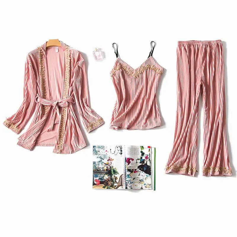 Новинка, китайский женский бархатный халат, комплект для сна, зимняя ночная рубашка, одежда для сна, 3 предмета, домашняя одежда, теплый Пижамный костюм - Цвет: Pink
