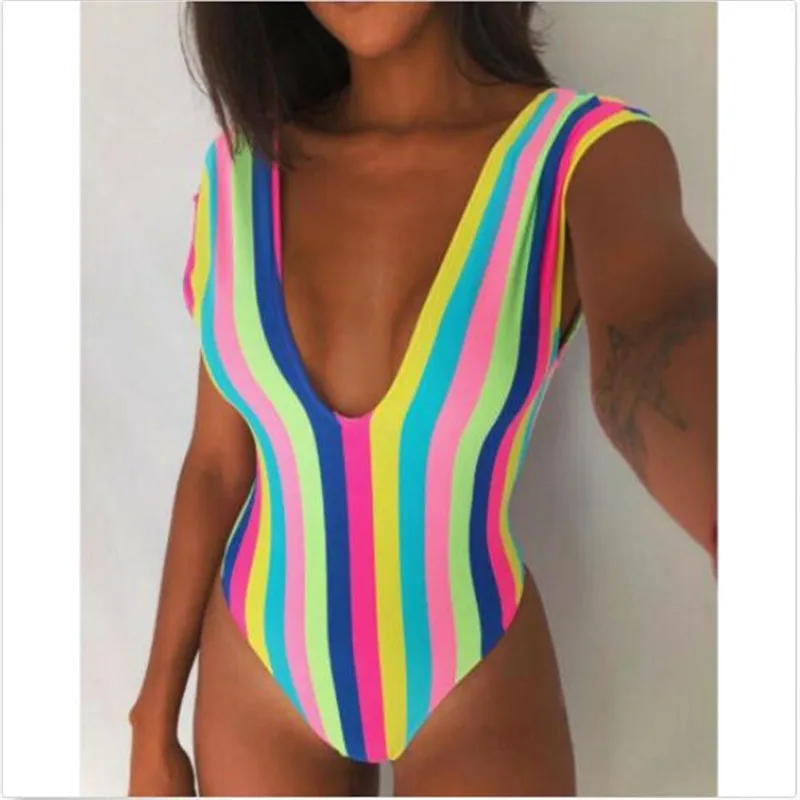 

Women One-piece Rainbow Swimsuit New Sexy Striped Printed Bikini SwimwearSummer Backless High Waisted Bathing Beachwear Hot Sale