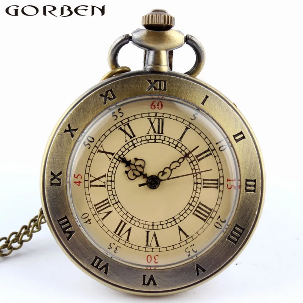 Gorben watch copper Roman numerals glass dial quartz pocket watch