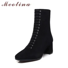 Meotina Genuine Leather Women Ankle Boots Suede Leather High Heels Zipper Shoes Square Toe Winter Boots Sexy Autumn Botas Women